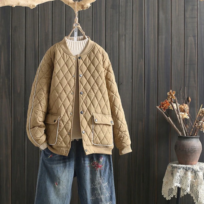 超人気ノーカラーキルティングジャケットレディースノーカラーコートアウター羽織り長袖中綿コート防寒秋冬キルティングコート