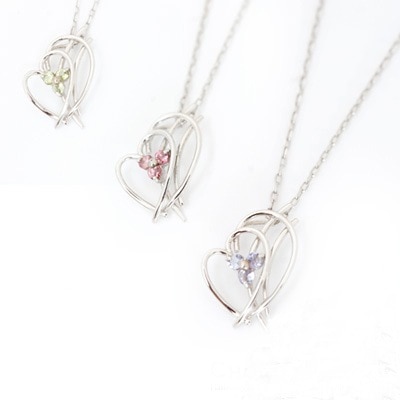 魅惑のカラーストーン3つから選んで重なるハートデザイン半貴石ネックレス Sv925 シルバー 発送目安：２３週間