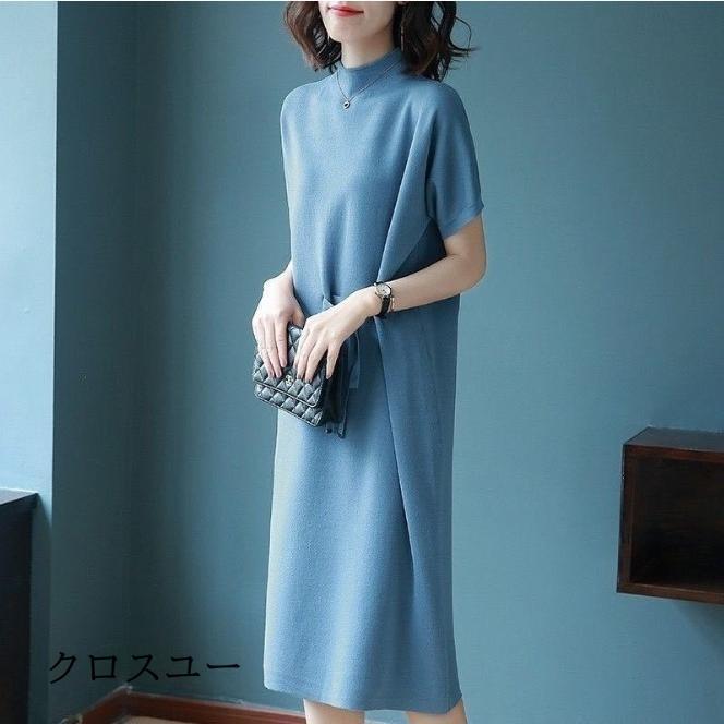 ワンピース レディース ロングワンピース ミモレ丈 半袖 春 ハイネック 着痩せ 秋 プリーツ 定番 大きいサイズ 体型カバー カジュアル 通勤 ママ