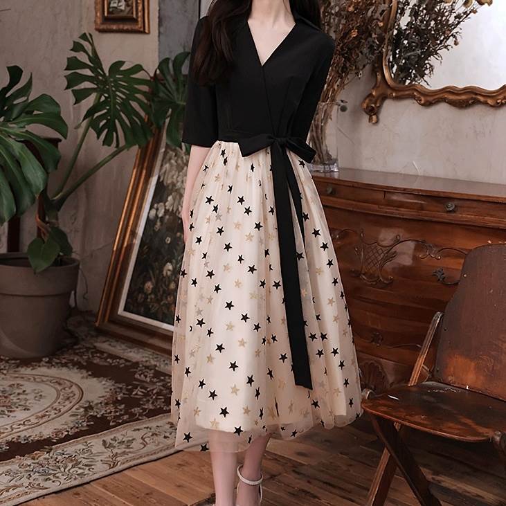 ドレス レディース パーティードレス ワンピドレス ドレスワンピース カジュアルドレス スマートカジュアル ミモレ丈 Aライン シフォン 星柄 ウエストリボン 袖あり 5分袖 きれいめ かわいい 大人