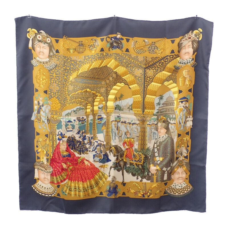 カレ90 SPLENDEUR DES MAHARAJAS マハラジャの華麗 インド スカーフ シルク グレー レディース【ABランク】