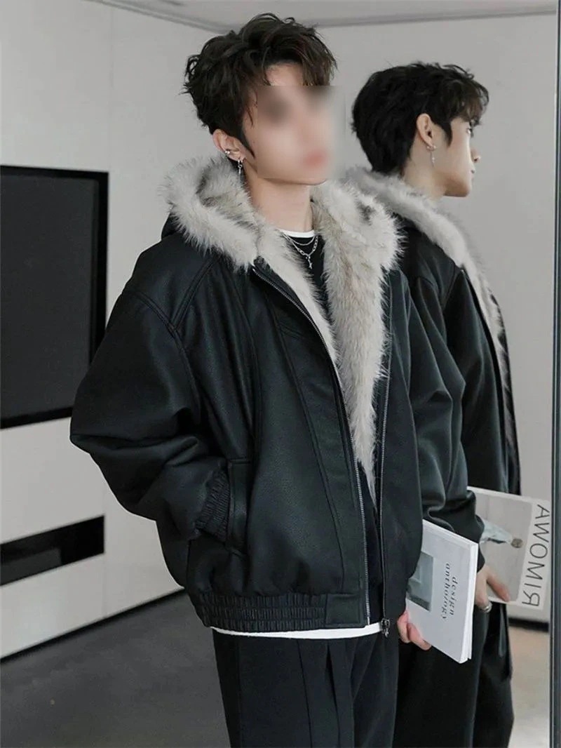 韓国のファッショントレンド冬2024新型加絨厚手日常通勤綿入れゆったり連帽綿入れコート 革 ライダース