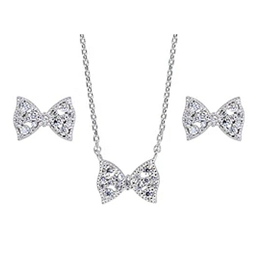 シルバーリボンモチーフ ネックレス+ピアスセット シルバー925 プラチナ仕上げ