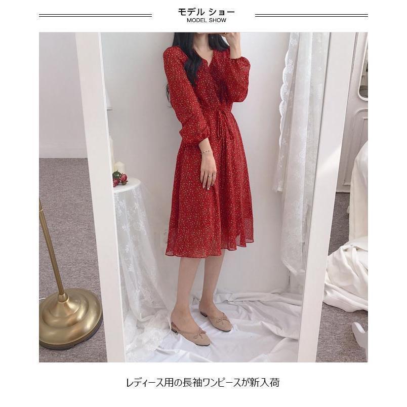 春 夏 膝丈ワンピース 長袖 シフォンワンピ 花柄 レディース ワンピース Vネック 長袖ワンピース ミディアム丈 通勤 レトロ 花柄ワンピース シフォン