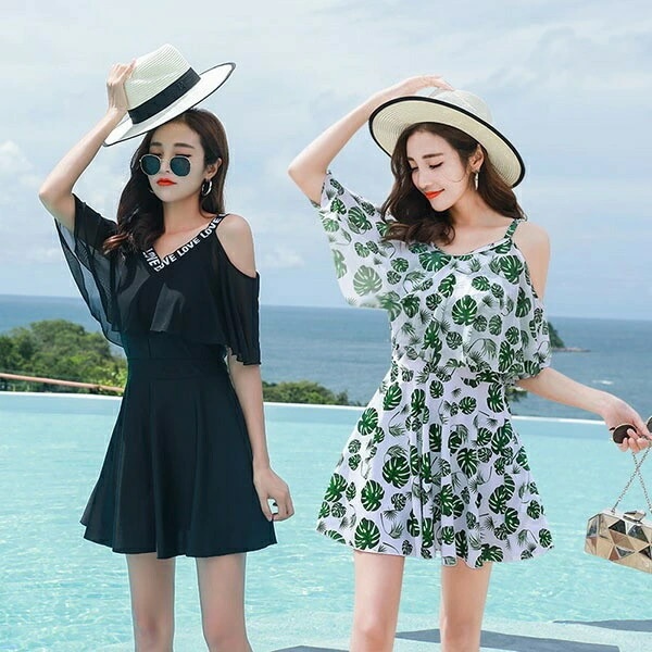 【スマホ防水ケース贈り物】水着 服みたいな ワンピース水着 オフショルダービキニ 肩見せ 体型カバー 露出控え レディース 着痩せ 袖付き ママ オトナ女子 ミセス フレア ショートパンツ 大きいサイ