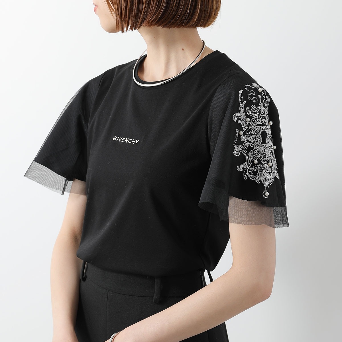 GIVENCHY KIDS ジバンシィ キッズ Tシャツ H31045 レディース ガールズ ロゴT チュール 刺繍 パール ちびロゴT 半袖 クルーネック カットソー 09B/BLACK
