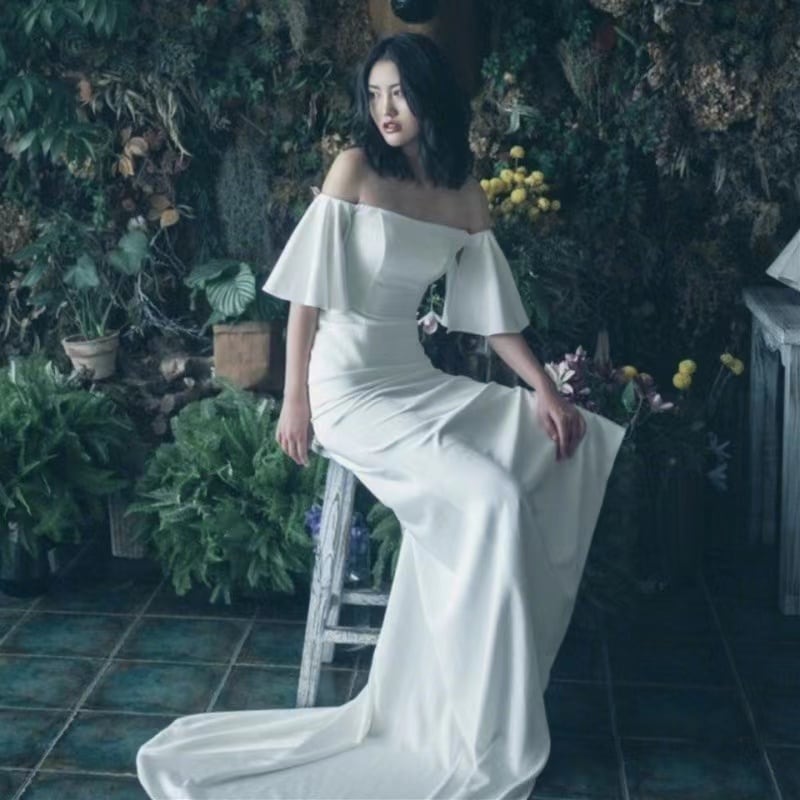 新品ウェディングドレス ウェディングドレス白 パーティードレス オフショルダー 花嫁ロングドレス 結婚式 トレーン 二次会 パフスリーブ お呼ばれ 挙式