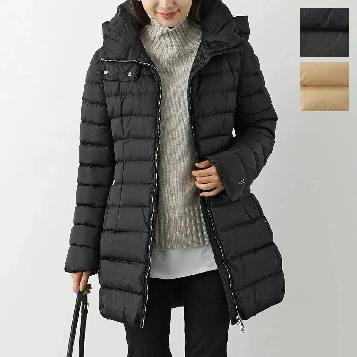 add エーディーディー ダウンコート 6AW002 レディース ナイロン フード付き メタルロゴ スタンドネック ハイネック カラー2色