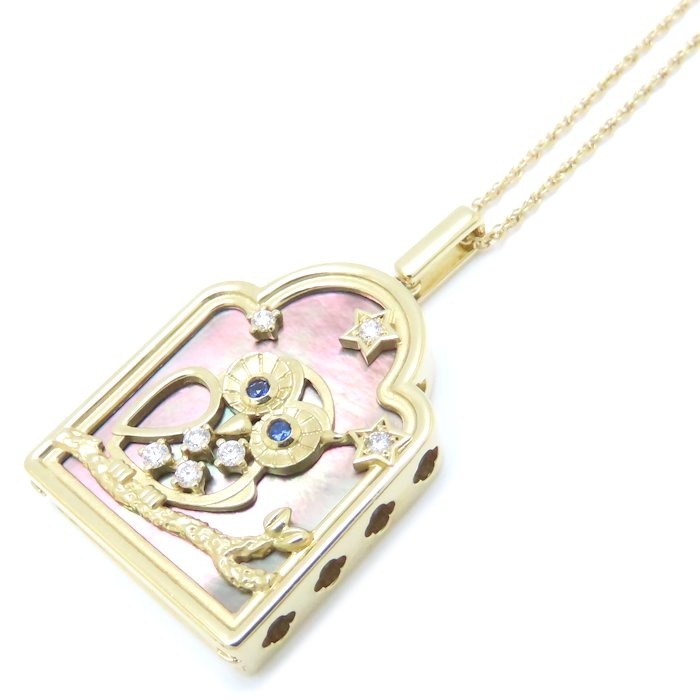 ふくろうモチーフ ネックレス シェル サファイヤ ダイヤモンド K18YG イエローゴールド/293807【中古】