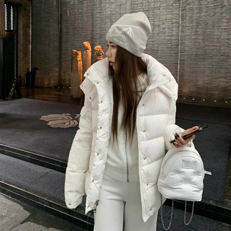 レディース ホワイト ダウンジャケット 300g+ 詰め物 (ホワイトダックダウン 90%) - 2025年冬 - 厚手で暖かいフード付きアウトドアアウター