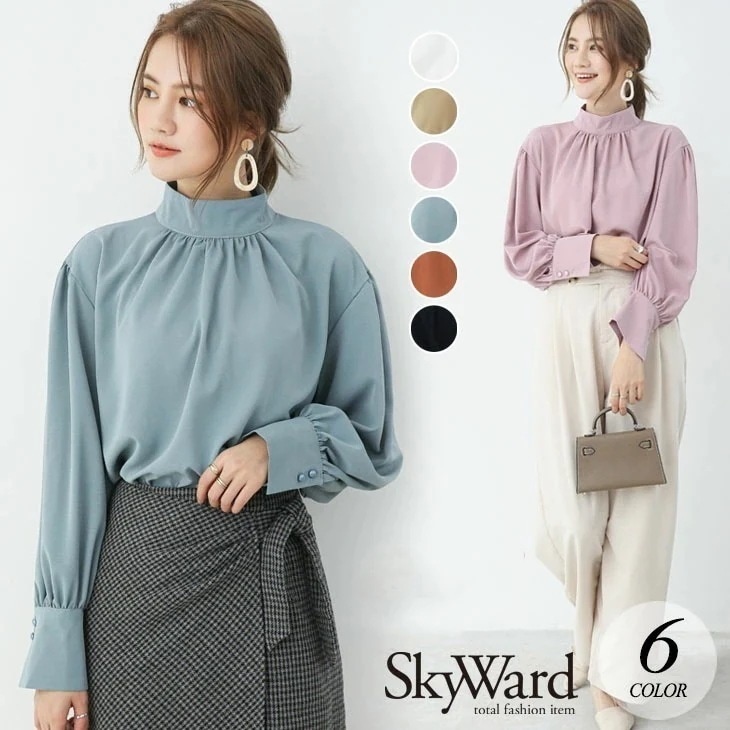 【2025新作 急速出荷】バルーン袖 ハイネック ギャザー プルオーバー ブラウス 長袖 レディース トップス シャツ バックボタン とろみ感 可愛い おしゃれ 流行 きれいめ シンプル 大人可愛い