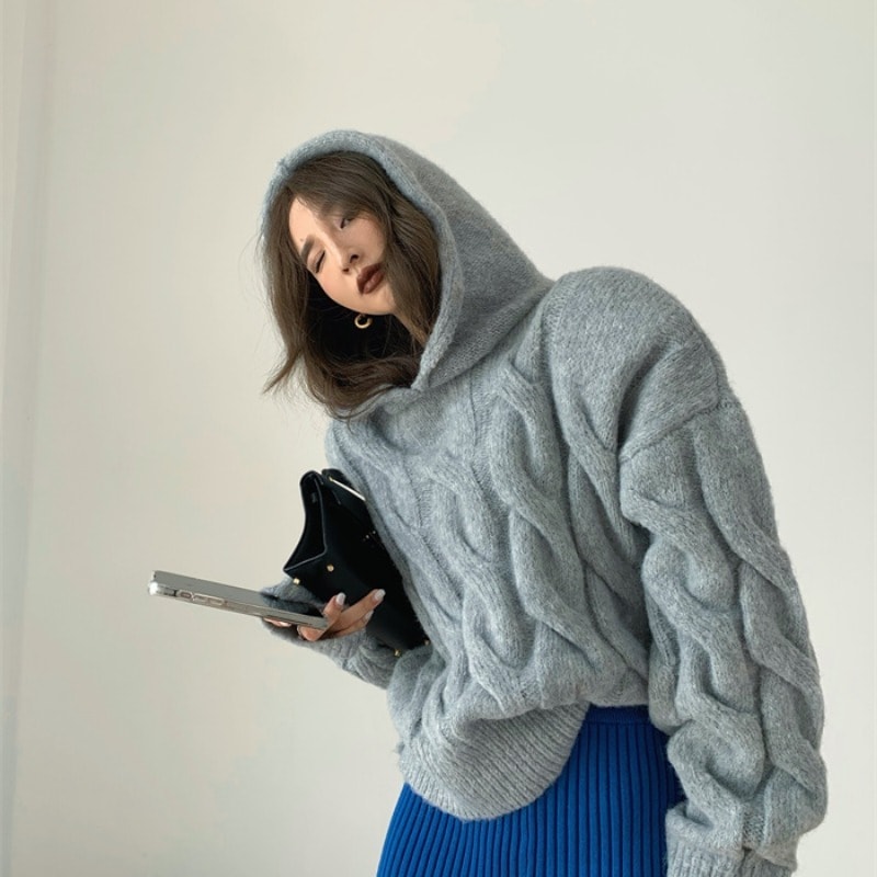 フード付き ツイストニットセーター ツイスト ニット セーター フーディー ルーズ 秋冬 レトロ ２カラー a3609