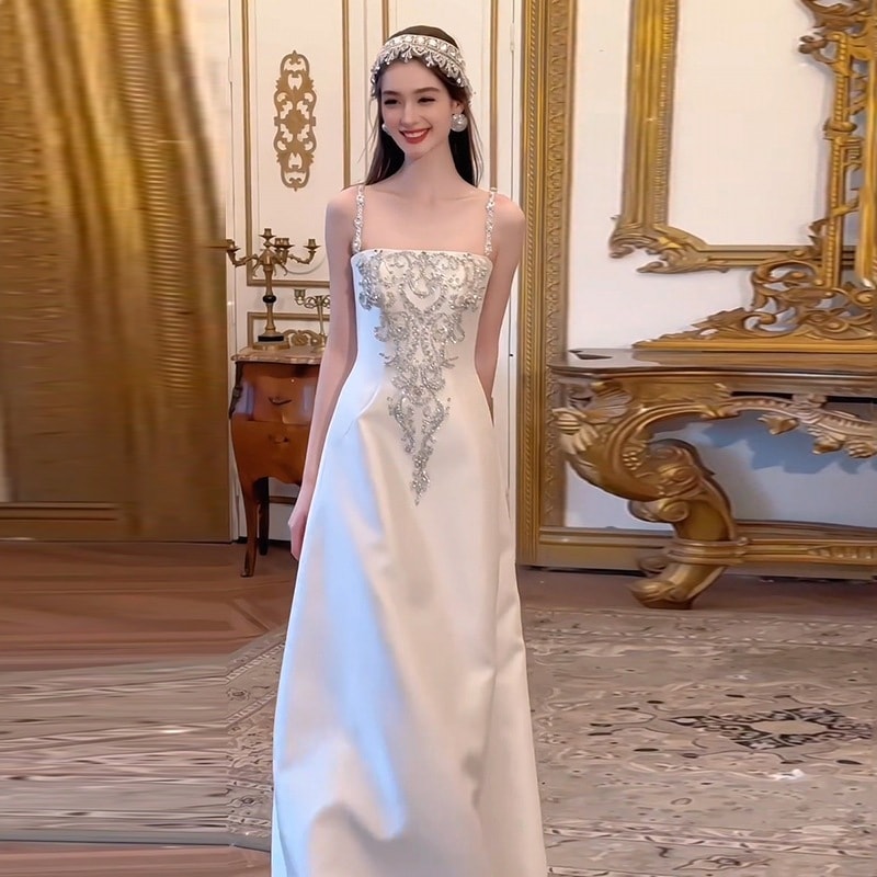 結婚式ワンピース お呼ばれ 結婚式ワンピース 着痩せ 結婚式ワンピース お呼ばれワンピース 結婚式 ワンピース ヴィンテージサテンライトウェディングドレス新しいエレガントなスリング花嫁結婚婚約ウェルカ