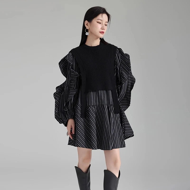 【J.Fashion】 ワンピースセット ニットベスト+シャツワンピース 2セット レディース ワンピースセット