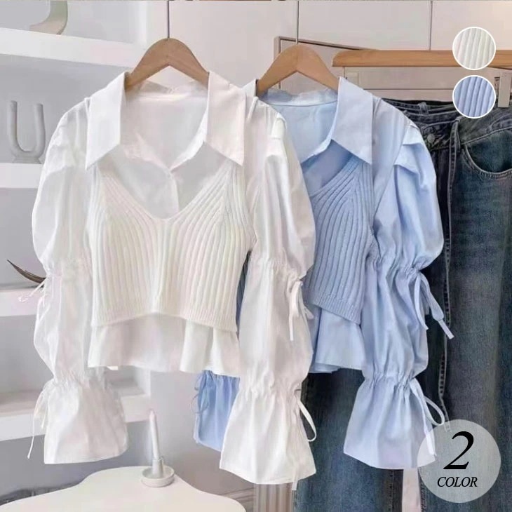 【2025新作 急速出荷】ブラウス シャツブラウス レディース キャミソール 長袖シャツ 2点セット レディース 春 秋 ツーピース ベルスリーブ シャツブラウス お洒落 可愛い トップス トップスセ