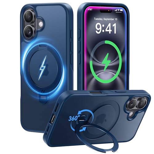 【定点360度回転】 iPhone 16 用 ケース 米軍MIL規格 耐衝撃 MagSafe対応 高耐久性【横縦両立・角度自由調整】 最大25W急速充電対応 指紋防止/マット仕上げ/黄変防止/半透明