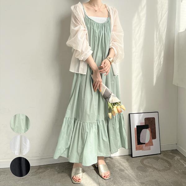 ワンピース レディース フレア ギャザー キャミワンピース ロングワンピース 春 夏 きれいめ 上品 韓国 ファッション / 裾フレアギャザーキャミワンピース