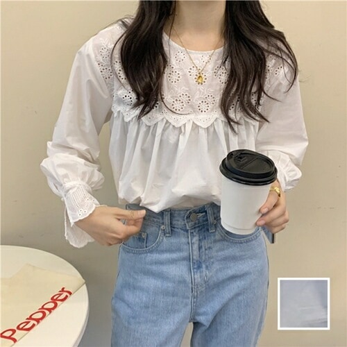 ブラウス シャツ 韓国 ファッション レディース 春 夏 秋 カジュアル コーデ シンプル 定番 セレカジ 20代 30代 40代 2025 パンチングレース スカラップ ギャザー シアー
