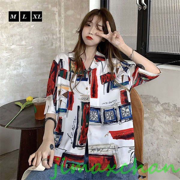 柄シャツ 韓国 装 レディース へそ出し トップス Tシャツ HIPPOP K-POP JAZZ ブラウス 半袖 春 夏 アシンメトリー トロピカルプリント柄 半袖 アロハシャツ アロハシャ