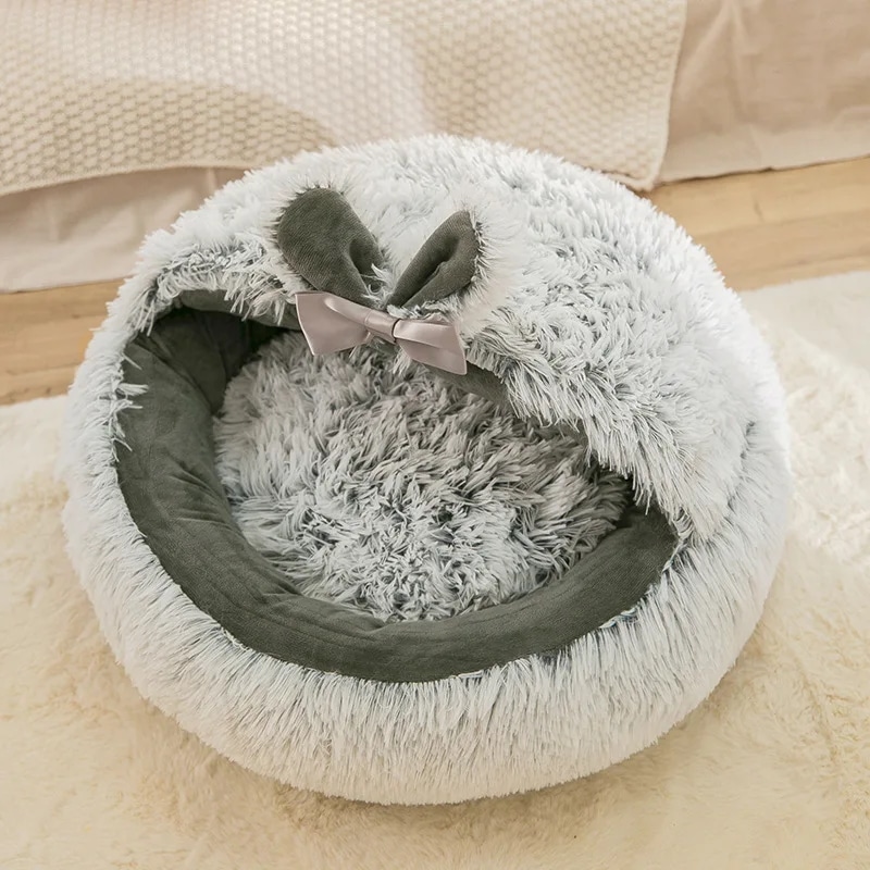 猫用の丸い豪華な長いクッション,猫のトイレ,小さな犬用の猫の家,猫の巣,冬用 Gray rabbit M(40X40CM)