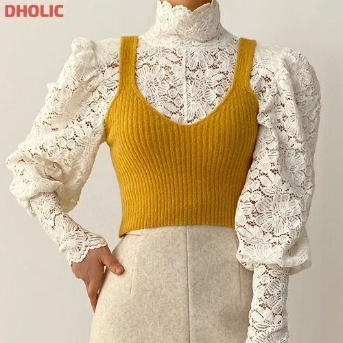 [メガ割りSALE]ニットビスチェ&ハイネックレースブラウスSET