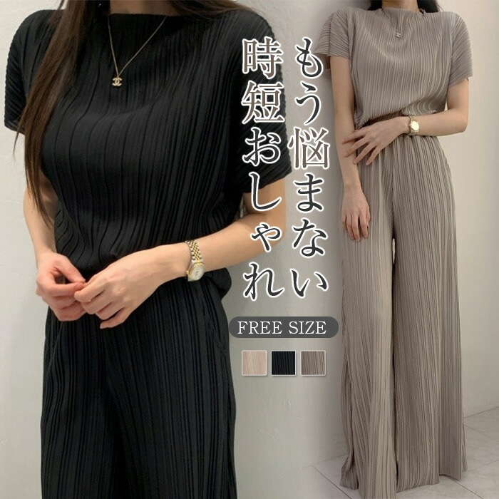 セットアップ 春夏 上下セット 2点セット レディース プルオーバー プリーツ ワイドパンツ トップス 半袖 透け感 シアー フレンチスリーブ ツーピース 涼しい リラックス シンプル おしゃれ