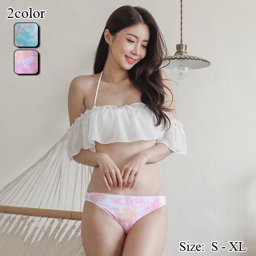 【グラシア】 水着 オフショルダー レディース ビーチウェア スイムウェア 流行 海 プール オフショル デコルテ ふんわり スカパン タイダイ ビキニ 愛らしい フラワー ブルー ピンク S M L
