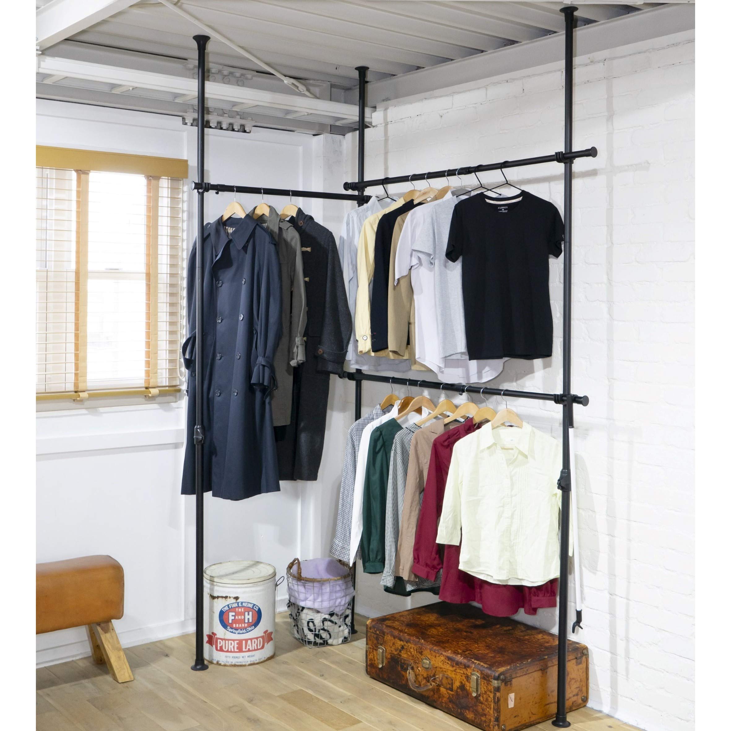 [山善] 突っ張り ラック ポールハンガー ハンガーラック 全体耐荷重90kg シャツ最大135着 ひっかけ棒付き ワンタッチ突っ張り (実用新案取得済) 縦横伸縮 (幅160-292cm/高さ190