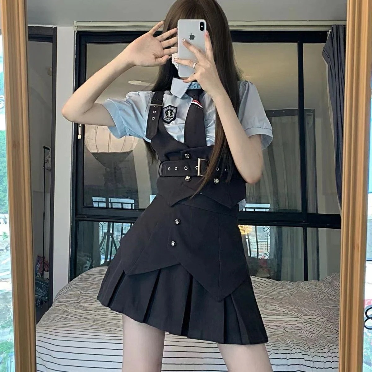 【急速出荷!】韓国ファッションッ涼しく楽ちんセットアップ 制服便利！2wayワンピース日系jk制服学院風グレー収納ウエスト痩せベスト半袖シャツプリーツスーツ夏 レディース