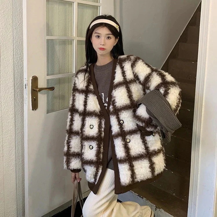 ムートンアイテムラムズウール中綿コートレディースアウタージャケットチェック柄韓国ファション可愛いおし