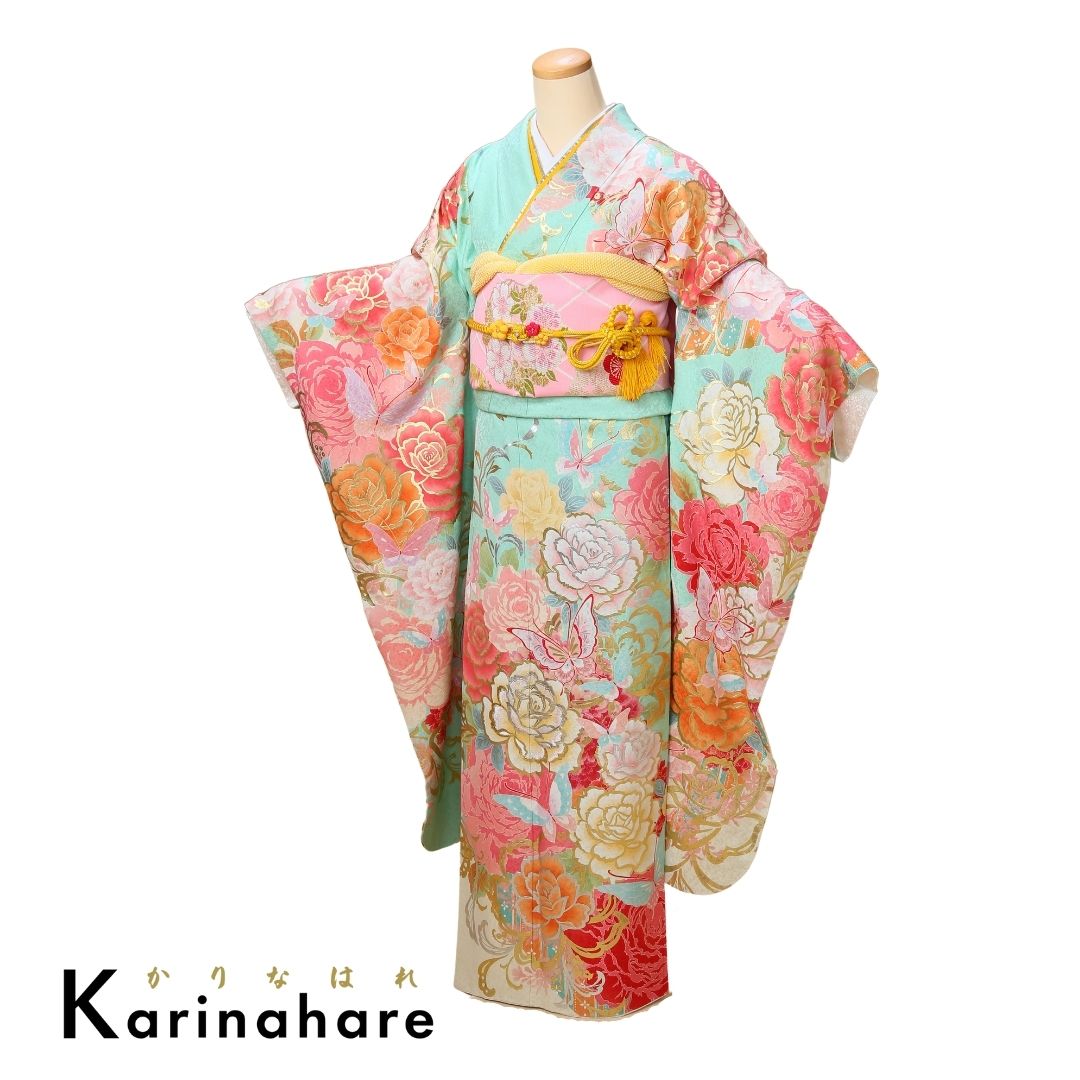 結婚式結納レンタルミントグリーン地に大胆にバラを描きかわいらしい振袖F601-108