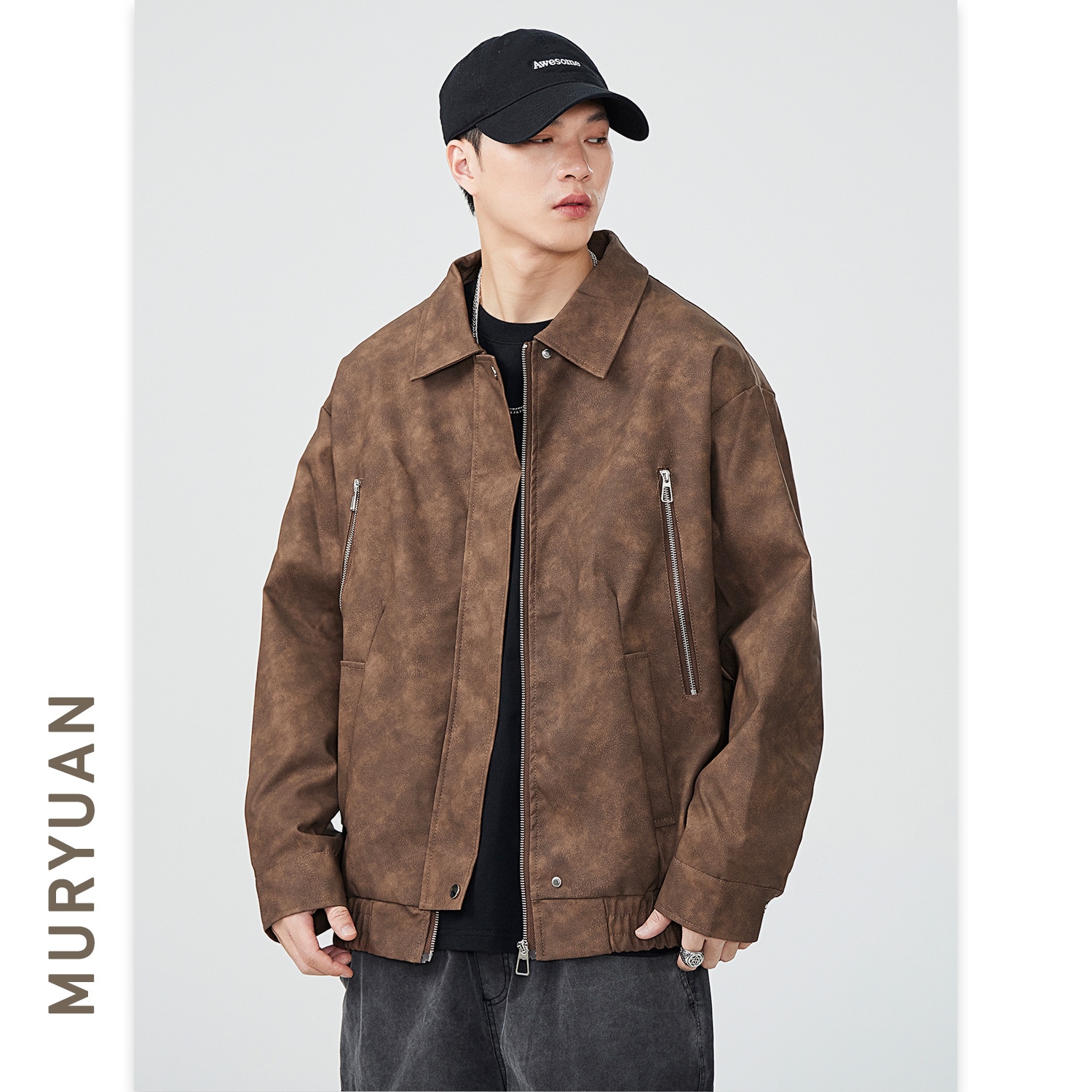 秋新作ブラウンアウタージャケットレザーメンズゆったりハイストリートメイラードカジュアルジャケット