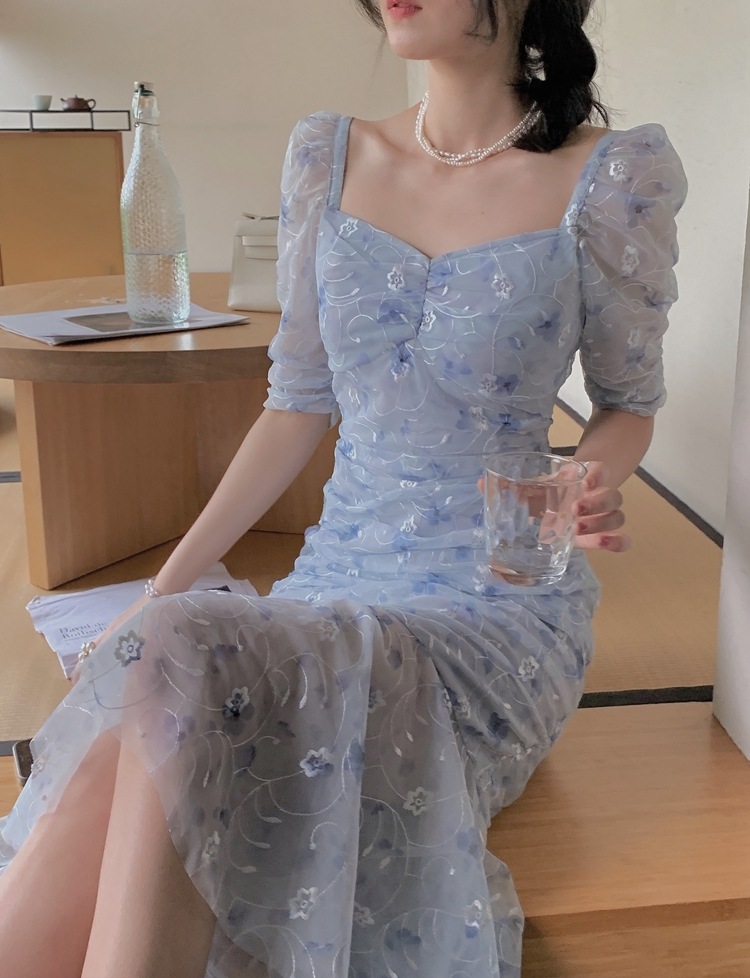 レディース エレガント ふんわり カジュアル 花柄 マーメイド スカート ドレス バッグ ヒップ ネット スカート ブルー S ワンピース 膝丈 ひざ丈 袖あり 5分袖 かわいい 大人可愛い きれいめ