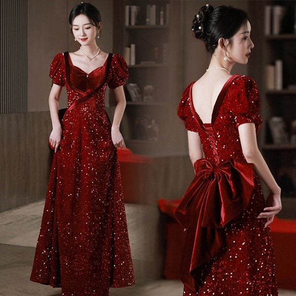 ドレス 大人 ピアノ 発表会 演奏会用ドレス ロングドレス 演奏会 袖付き パーティードレス ワインレッド 赤 キラキラ リボン付き Aライン パーティードレス イブニングドレス XS S M L 2