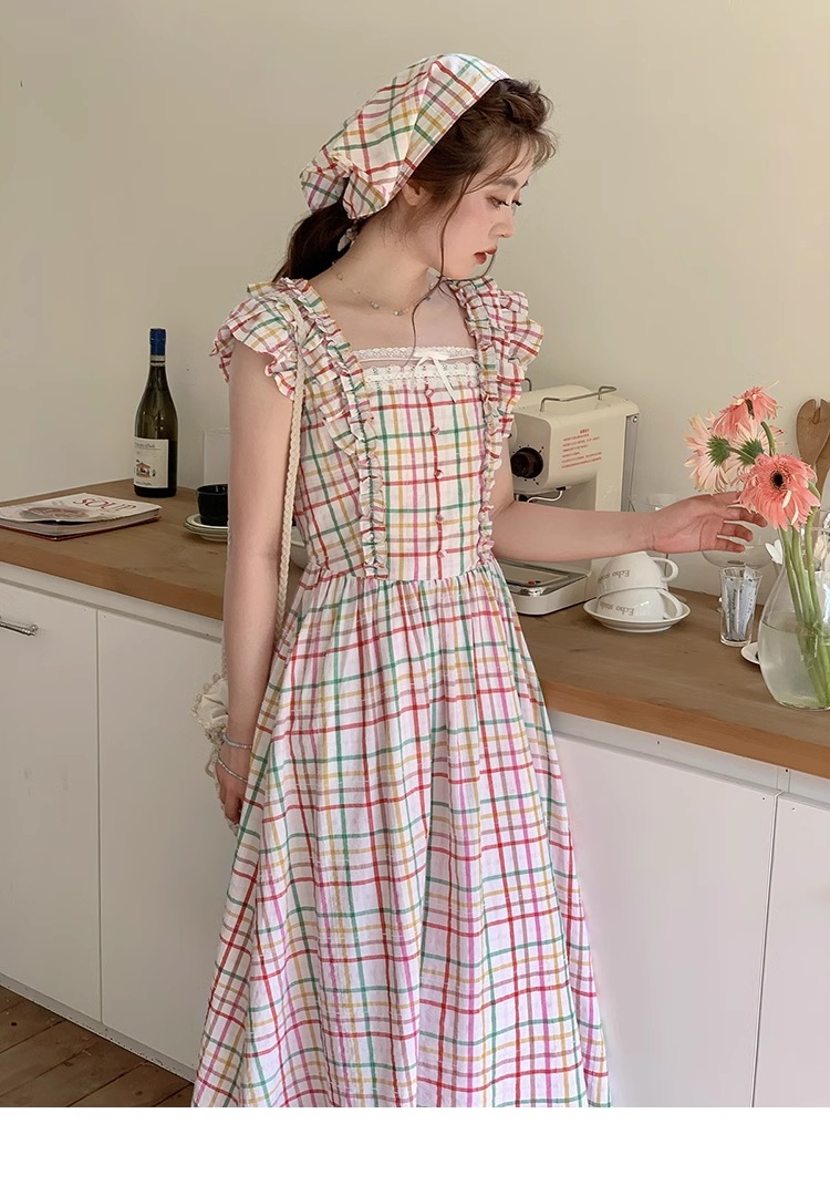 レインボー チェック柄 ベスト フライングスリーブ お腹カバー スリム ハイウエスト ドレス 個性的 ワンピース ロング ロング丈 袖なし ノースリーブ スクエアネック 襟なし かわいい 大人可愛い