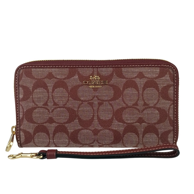 コーチ 長財布 ロング ジップ アラウンド ウォレット シグネチャー シャンブレー キャンバス×レザー CH369 ゴールド金具 ワインマルチ ロングウォレット サイフ【本物保証】
