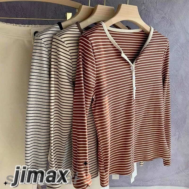 tシャツ レディース 長袖 ストライプ Vネック ボトムシャツ コットン100% 長袖tシャツ トップス 涼しいゆったりやわらか 秋の新ゆるい ゆったり女性のだるい風Tシャツ女性の長袖 ホワイトデー