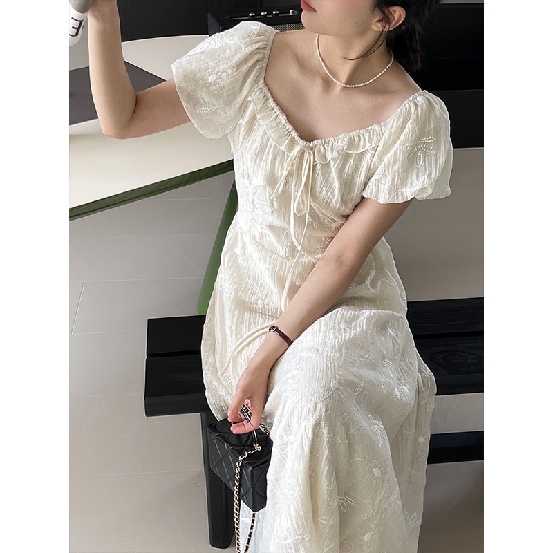 レース刺繍ウエストパフスリーブワンピース レディース ロングvネック オフホワイトスカート