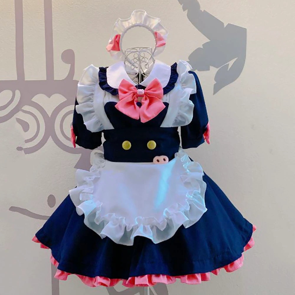 クラシック配色　赤色＋紺色　ワンピース　豚蝶結び　　カフェメイド服　ブタ飾り