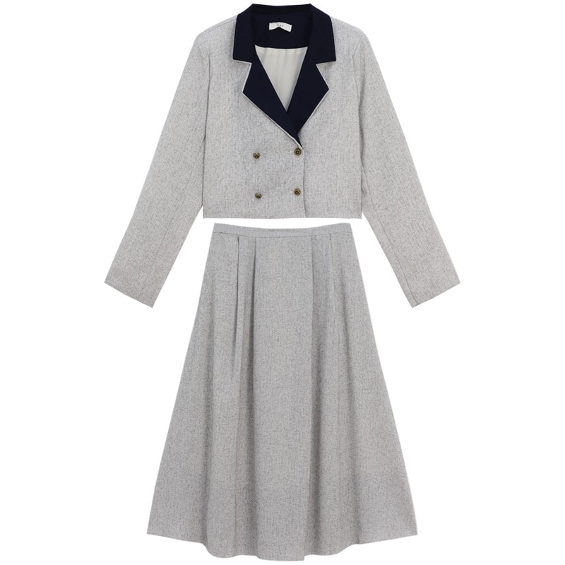 セット スカート アウター ジャケット スウェット 膝下 ミモレ 袖あり 長袖 襟付き ノッチドラペル デザイン ボタン ダブルブレスト 美ライン 2点セット ツーピース お得 かわいい 大人可愛い