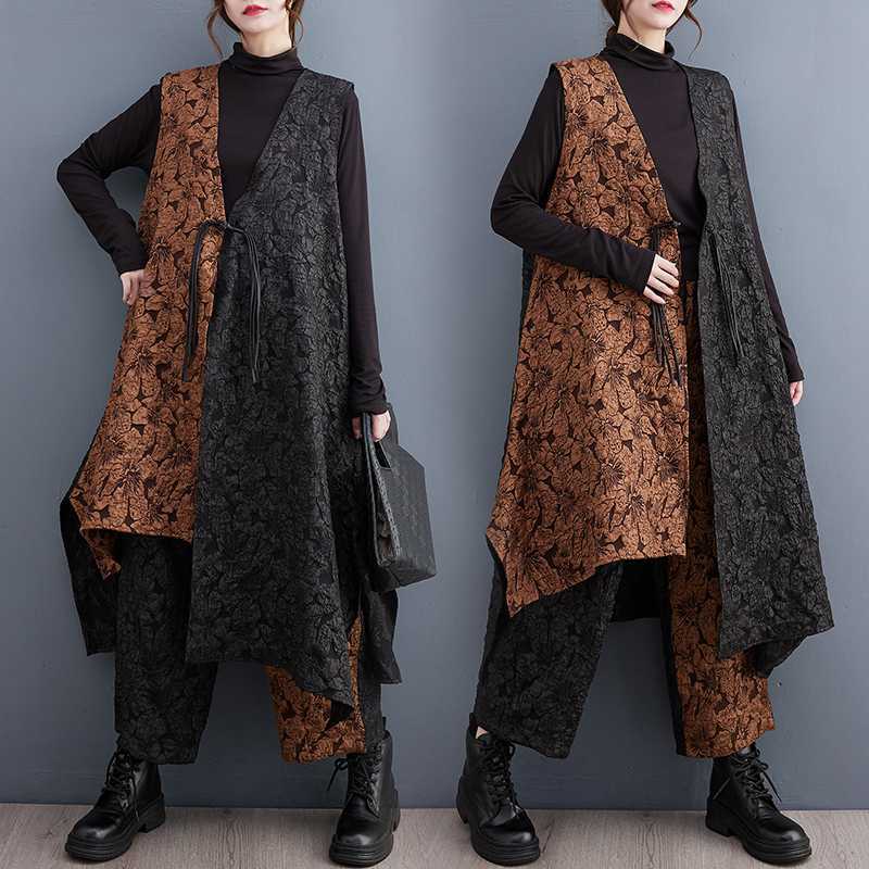 2セット カーディガン＋ワイドパンツ セットアップ レトロ 花柄 ドッキング ロングベスト レディース セット