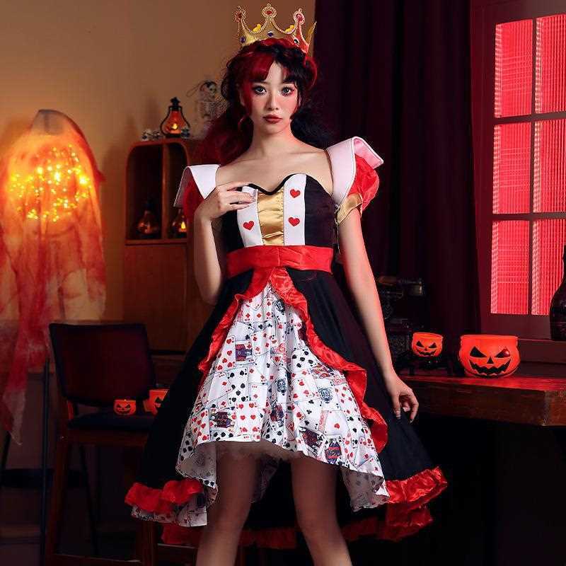 ハロウィーン衣装赤皇后トランププリントスカートアリス夢遊病ワンダーランド桃心皇后キャラクターcos服
