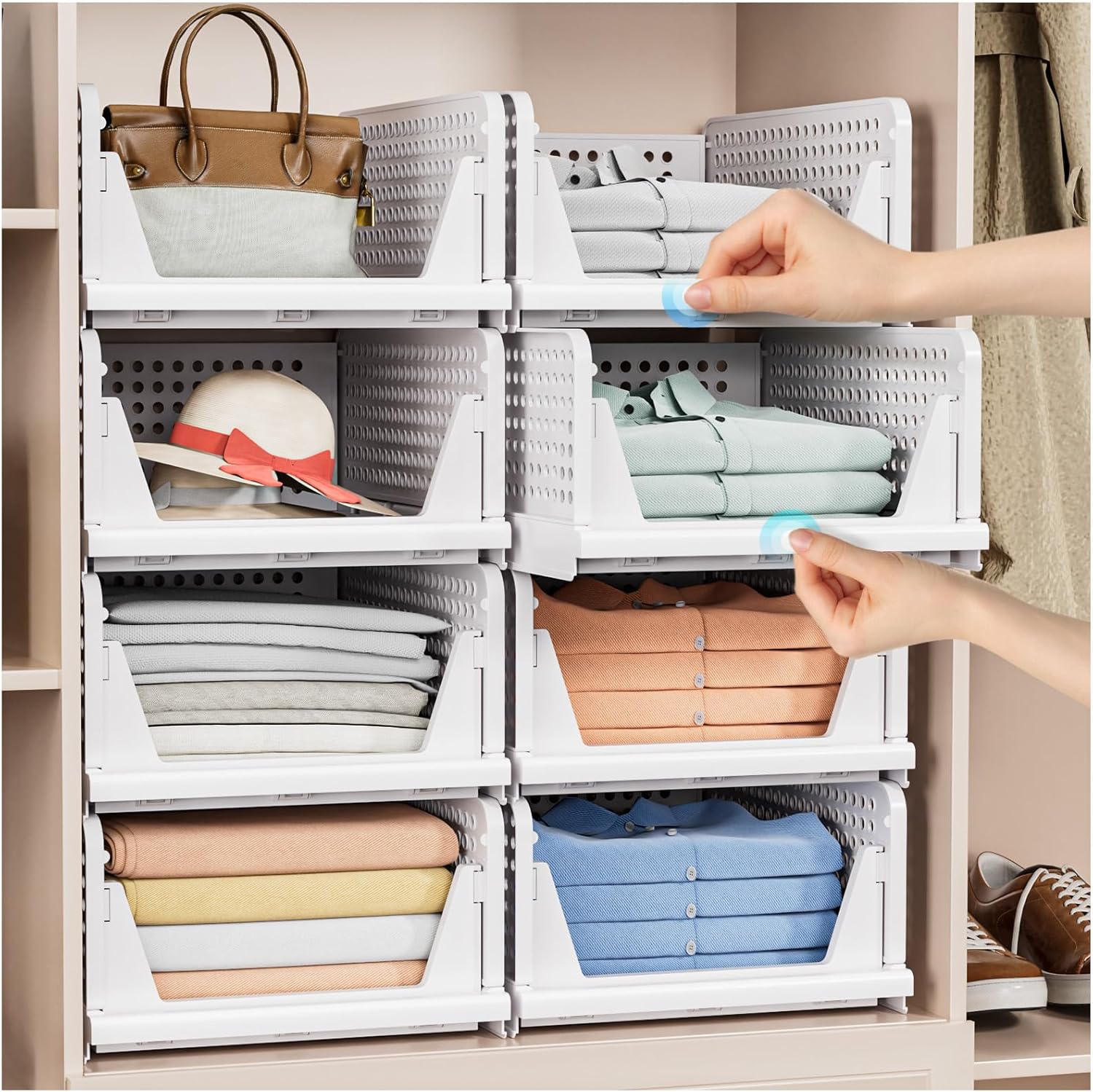 caktraie 5 Pack Folding Closet Organizers Storage Box, Stackable Plastic Storage Basket, Closet Orga