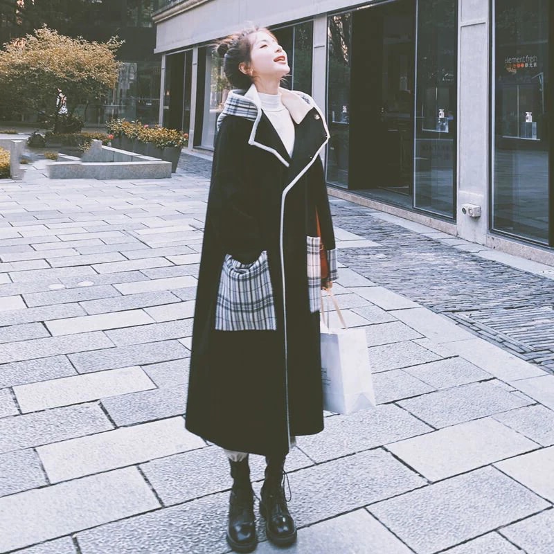 チェスターコートレディースロング丈黒フード付きオーバー韓国風ア秋冬チェスターコート