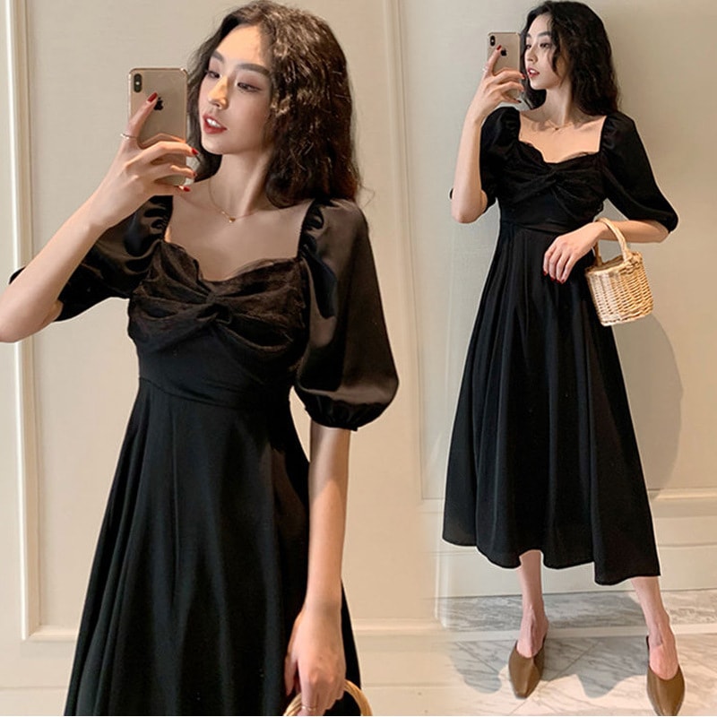 【1点ご購入 で10点プレゼントいたします】甘美なスクエアネックのバブルスリーブワンピース女性のブラックスカート減齢膝丈スカート