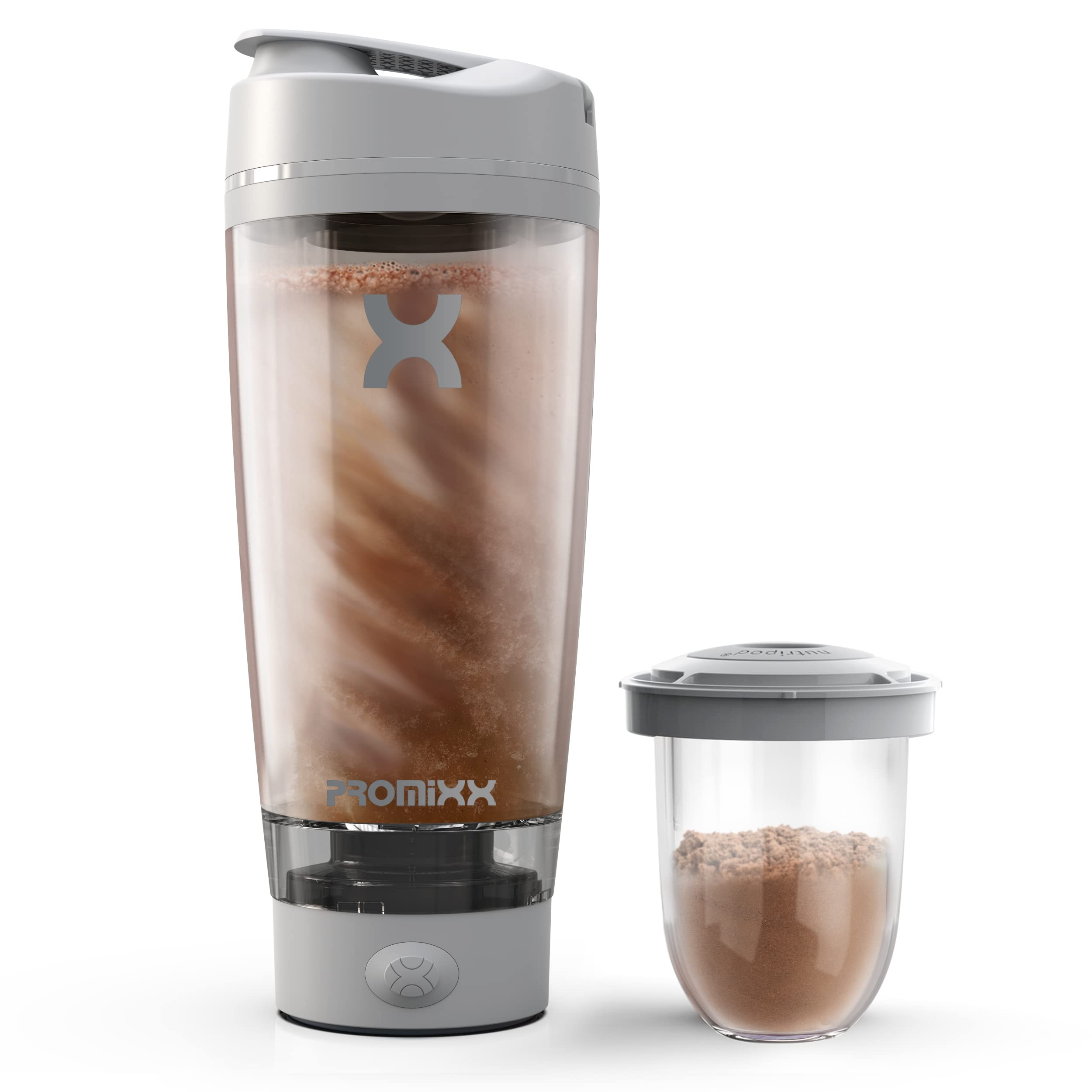 PROMiXX PRO 電動プロテインシェーカーボトル 600ml 充電式 強力で滑らかなプロテインシェイク用 補助ストレージ付き - BPAフリー (クールグレー)