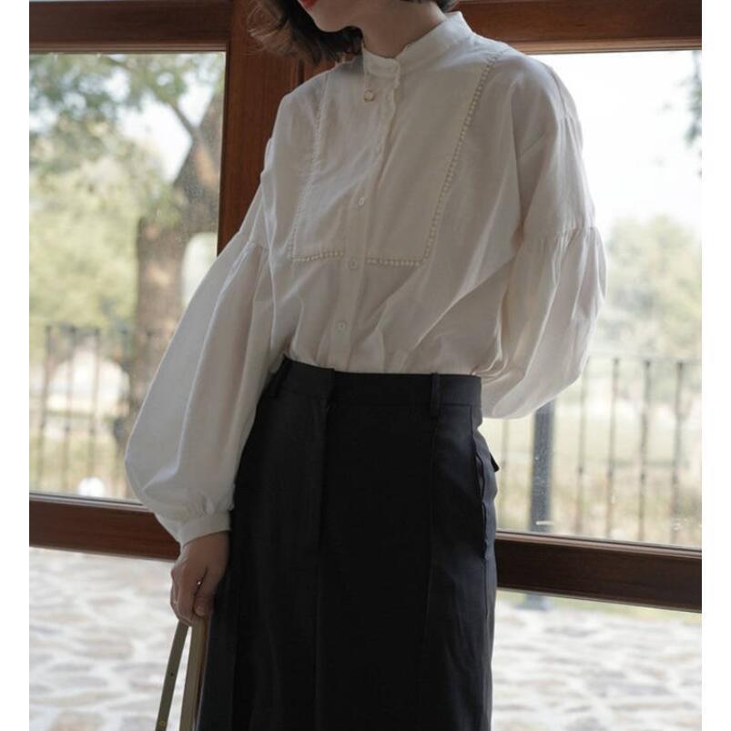 シャツ レディース 長袖 春 夏 秋 シャツブラウス 長袖シャツ きれいめ シャツブラウス バンドカラー パフ袖 パフスリーブ ボリューム袖