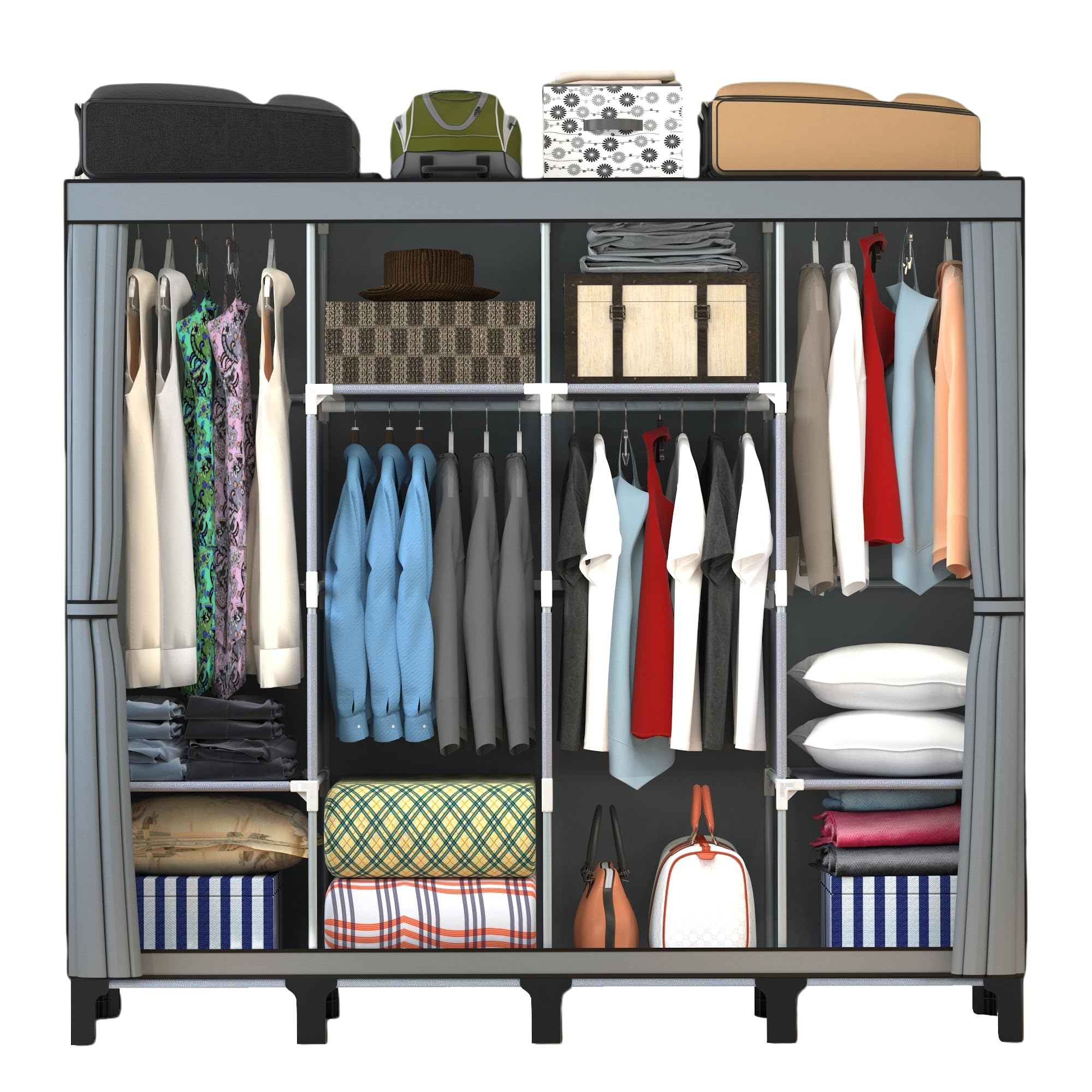PSHUN RIGH不織布クローゼット ワードローブ 工具不要 大容量 大容量 簡単組立式 移動可能 収納棚 防水 防塵 防汚 ブラック 黑色 幅170×奥行45×高さ172cm (グレー)