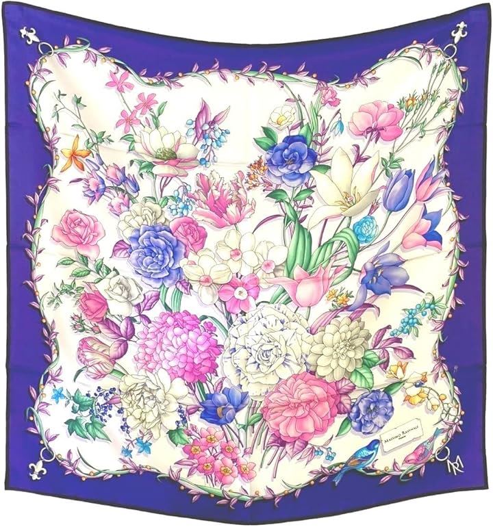 マッシモ ラヴィナーレ スカーフ レディース シルク100% 大判 85x85 正方形 イタリア製フラワーガーデンと小鳥( ラベンダー, Free Size)