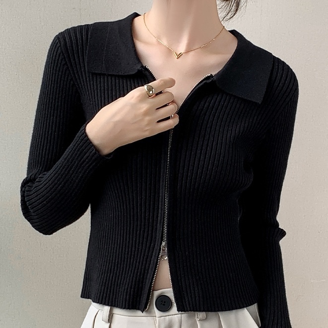 トップス ニットソー 長袖 襟付き 前開き ダブルジップ ショート タイト かわいい 大人可愛い きれいめ シンプル 上品 おしゃれ かっこいい カジュアル こなれ感 個性的 主役級 ラフ ルーズ